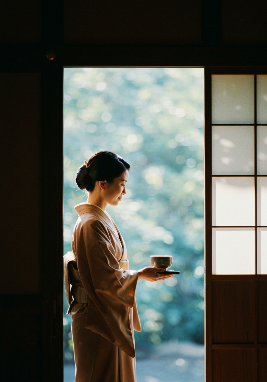 Woman in kimono with tea