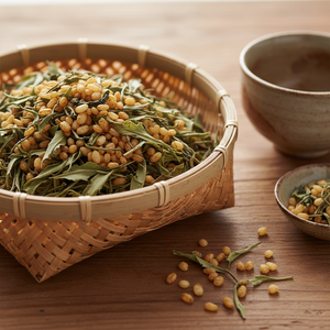 Genmaicha tea in bamboo basket