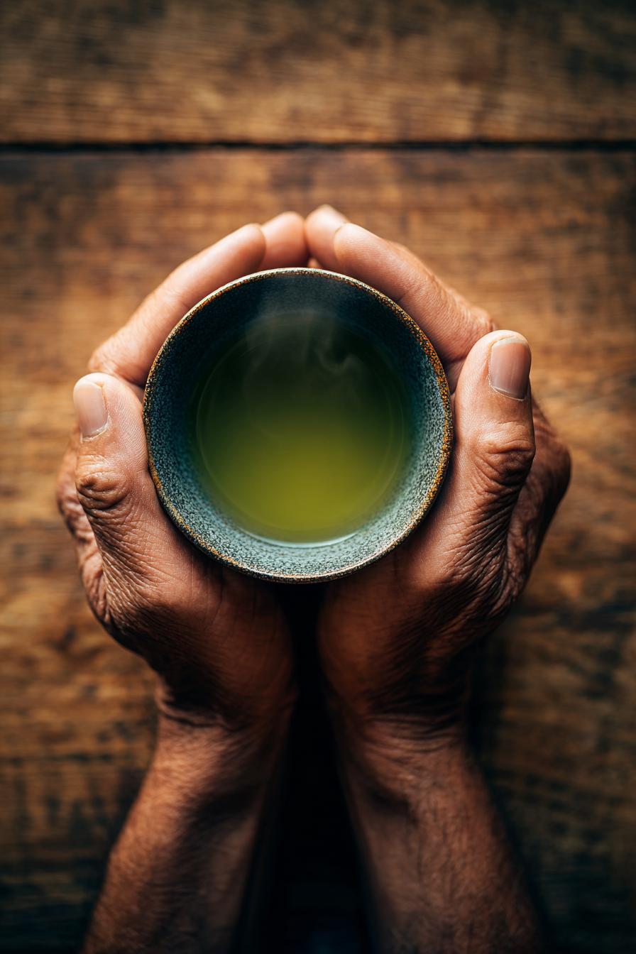 Hands holding a cup of green tea