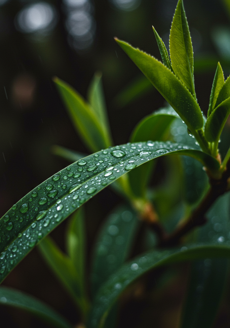Raindrops on green tea leaves