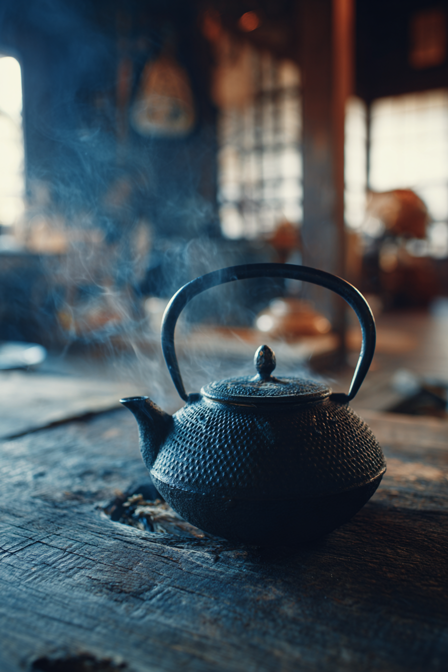 Teapot on rustic table